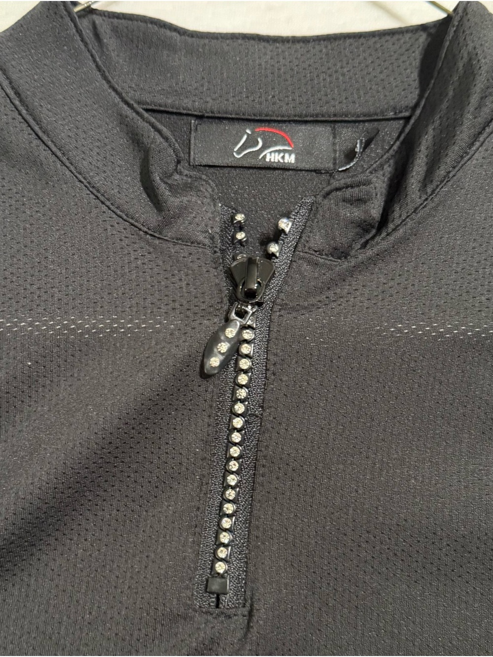 HKM Lace-Shoulder Black Short-Sleeve Zip Polo Top - Rhinestone Zipper